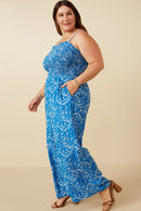 HY7331W PINK MIX Plus Ditsy Botanical Print Smocked Wide Leg Jumpsuit Detail