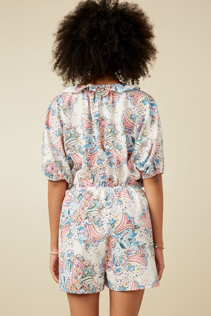 HY7335 Pink Womens Textured Paisley Floral Ruffled Surplice Romper Side