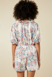HY7335 Pink Womens Textured Paisley Floral Ruffled Surplice Romper Side