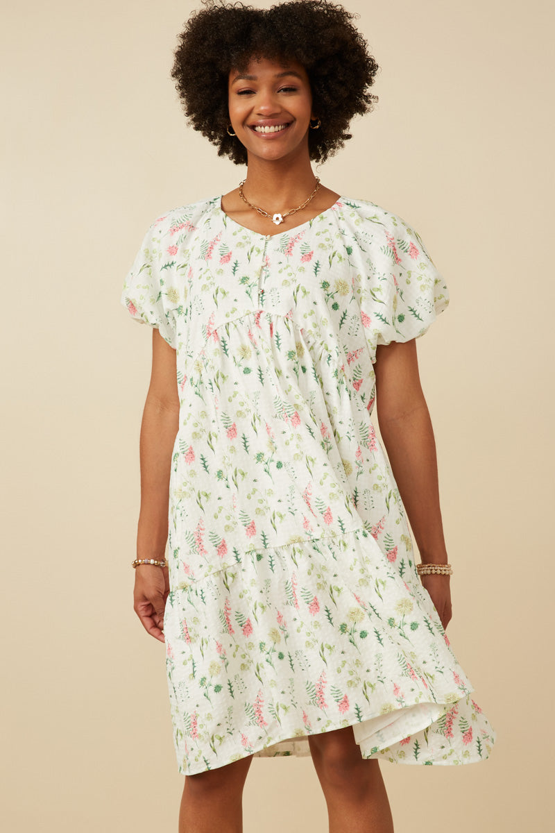 Textured Floral Button Detail Bubble Sleeve Dress