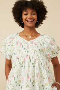 HY7336 OFF WHITE Womens Textured Floral Button Detail Bubble Sleeve Dress Gif