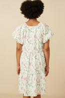 HY7336 OFF WHITE Womens Textured Floral Button Detail Bubble Sleeve Dress Detail