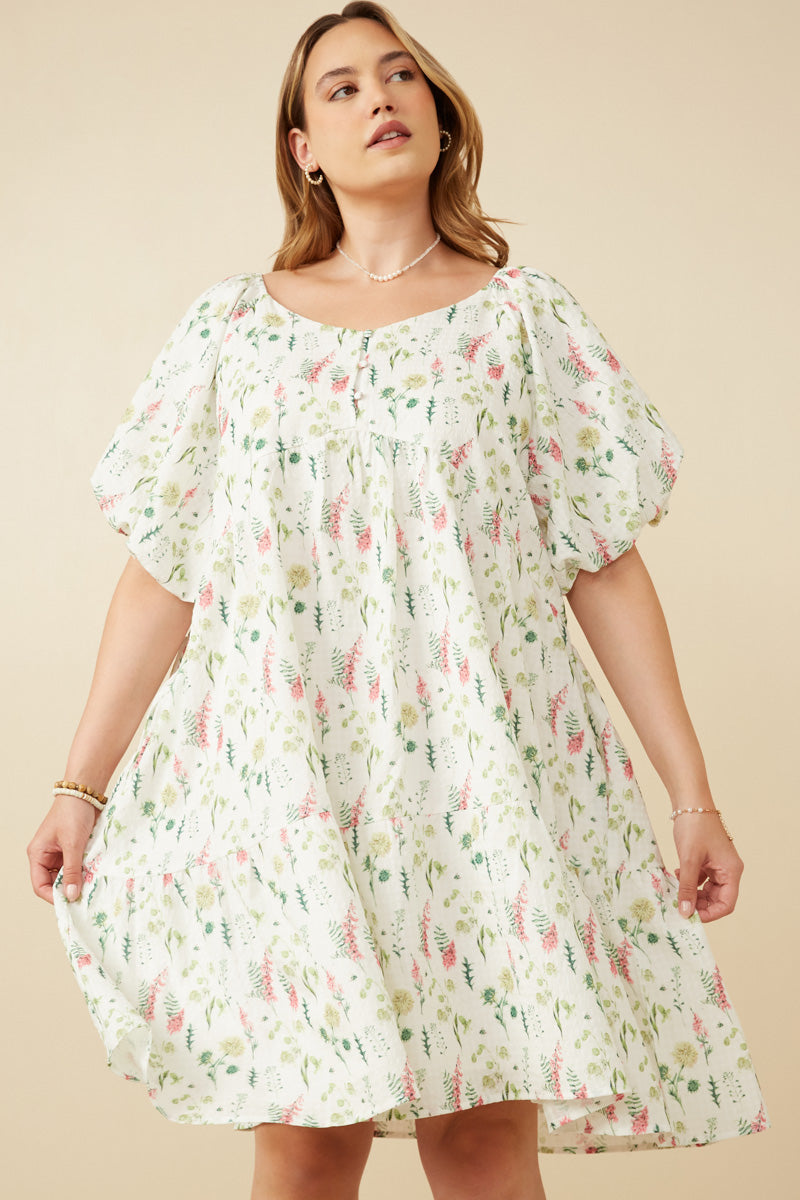 Textured Floral Button Detail Bubble Sleeve Dress