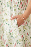 HY7336 OFF WHITE Womens Textured Floral Button Detail Bubble Sleeve Dress Gif