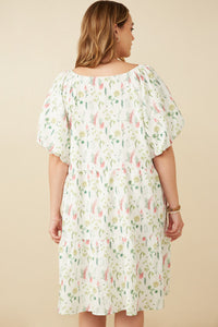 HY7336W Off White Plus Textured Floral Button Detail Bubble Sleeve Dress Full Body