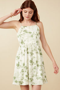 HY7339 Sage Womens Satin Floral Smocked Back Tank Dress Front