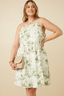 HY7339W Sage Plus Satin Floral Smocked Back Tank Dress Front