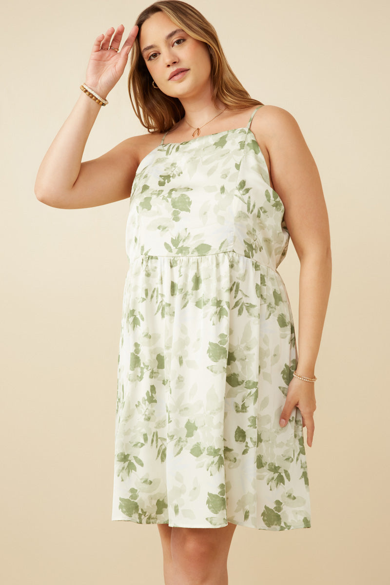 HY7339W Sage Plus Satin Floral Smocked Back Tank Dress Gif