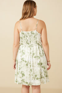 HY7339W Sage Plus Satin Floral Smocked Back Tank Dress Front 2