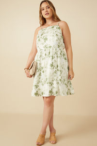 HY7339W Sage Plus Satin Floral Smocked Back Tank Dress Pose