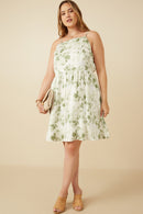 HY7339W Sage Plus Satin Floral Smocked Back Tank Dress Pose