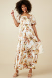 HY7341W Cream Plus Watercolor Floral Bubble Sleeve Smock Back Dress Full Body