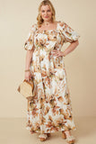 HY7341 Cream Womens Watercolor Floral Bubble Sleeve Smock Back Dress Full Body