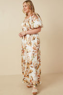 HY7341W Cream Plus Watercolor Floral Bubble Sleeve Smock Back Dress Detail