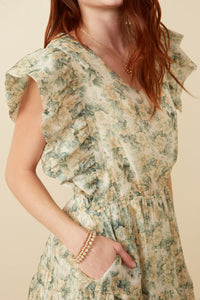 HY7359 Taupe Womens Organza Floral Bubble Ruffled V Neck Dress Full Body