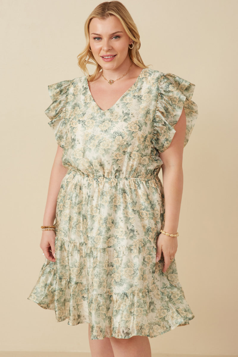 Organza Floral Bubble Ruffled V Neck Dress