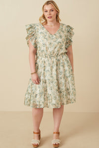 HY7359 Taupe Womens Organza Floral Bubble Ruffled V Neck Dress Front 2