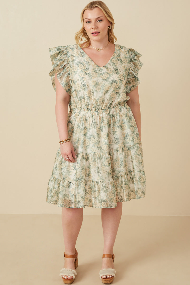 HY7359 Taupe Womens Organza Floral Bubble Ruffled V Neck Dress Front 2