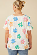 HY7364W Ivory Womens Puff Sleeve Daisy Floral Knit T Shirt Full Body