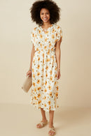 HY7371 Cream Womens Satin Floral Pleated Dolman Sleeve Dress Full Body
