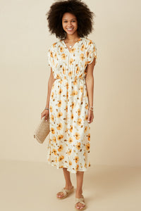 HY7371 Cream Womens Satin Floral Pleated Dolman Sleeve Dress Full Body