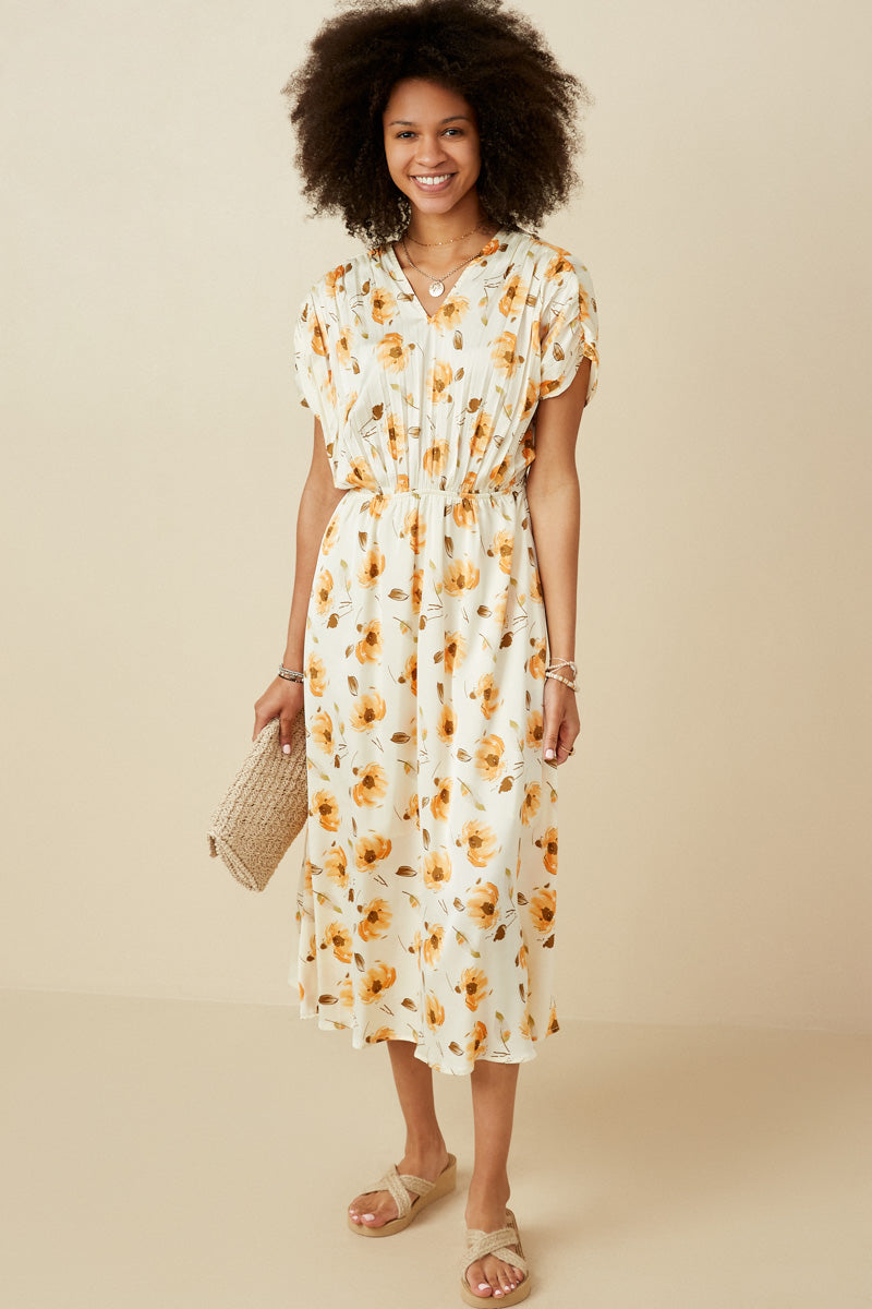 Satin Floral Pleated Dolman Sleeve Dress