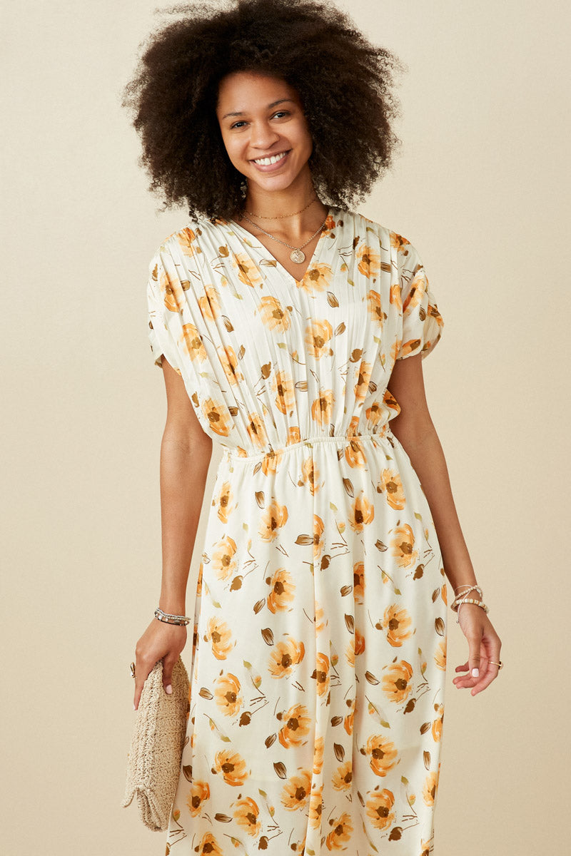 HY7371 Cream Womens Satin Floral Pleated Dolman Sleeve Dress Gif