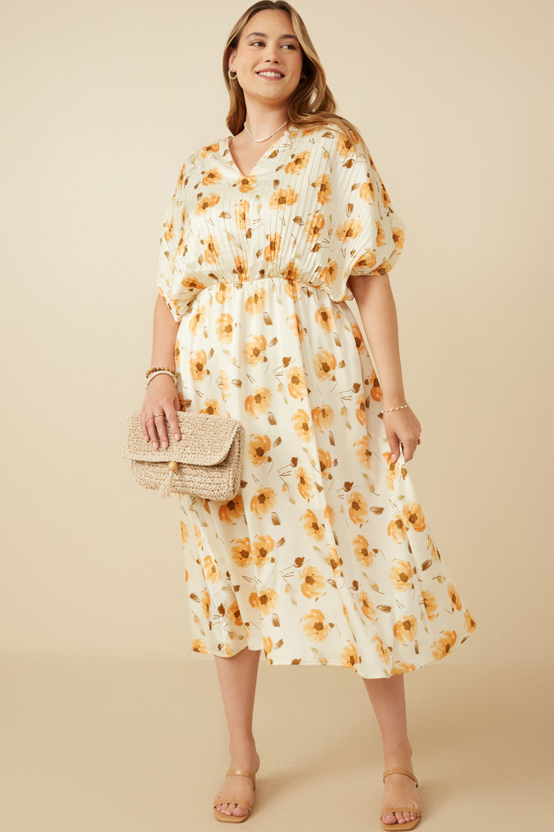Satin Floral Pleated Dolman Sleeve Dress