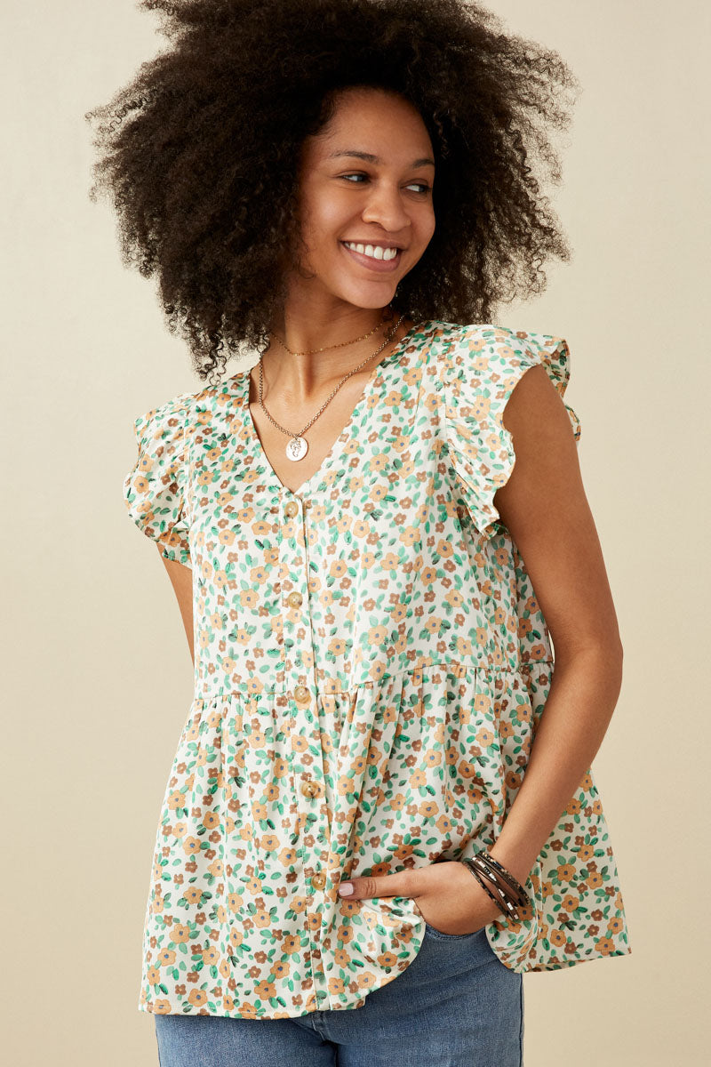 Ditsy Floral Button Down Ruffled Peplum Tank