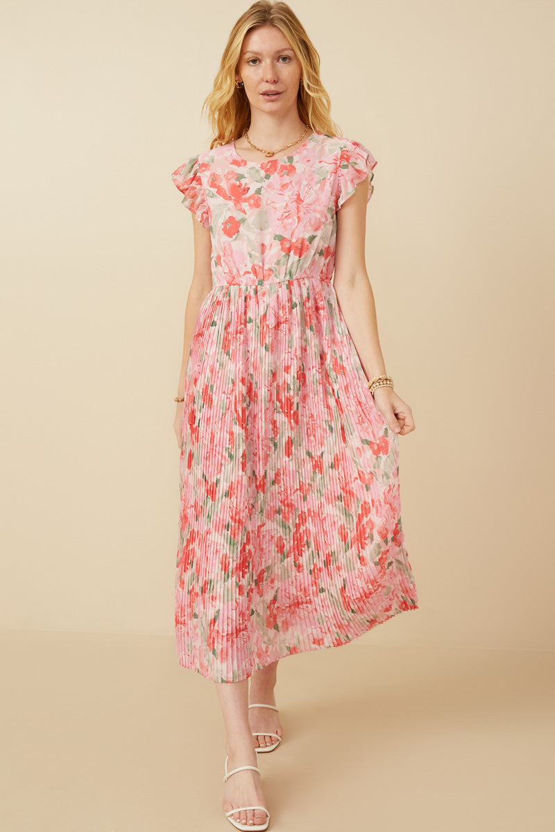 Romantic Floral Ruffle Tank Pleated Skirt Dress