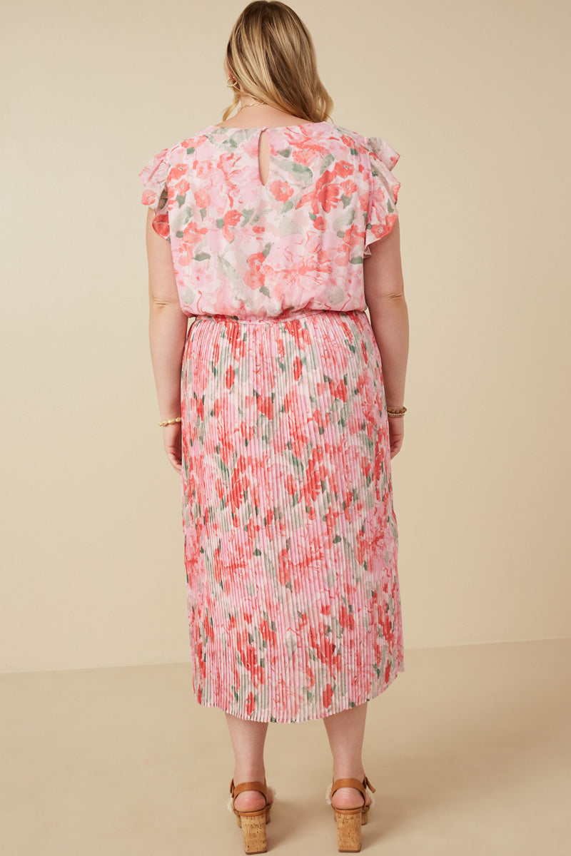 HY7374W Pink Plus Romantic Floral Ruffle Tank Pleated Skirt Dress Front
