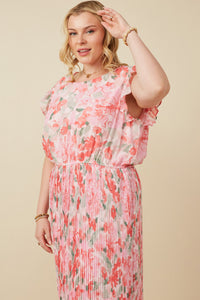 HY7374W Pink Plus Romantic Floral Ruffle Tank Pleated Skirt Dress Side