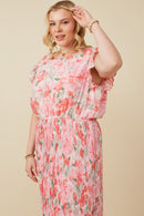 HY7374W Pink Plus Romantic Floral Ruffle Tank Pleated Skirt Dress Side