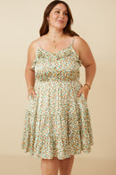 HY7378W CREAM Plus Ditsy Floral Button Detail Ruffled Tank Dress Front