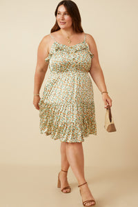 HY7378W CREAM Plus Ditsy Floral Button Detail Ruffled Tank Dress Detail