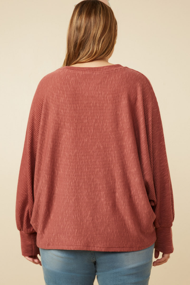 HY7400W Rust Plus Marled Rib Soft Knit Dolman Top Detail