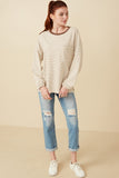 HY7404 Taupe Womens Soft Stripe Knit Contrast Banded Long Sleeve Tee Gif
