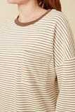 HY7404 Taupe Womens Soft Stripe Knit Contrast Banded Long Sleeve Tee Full Body