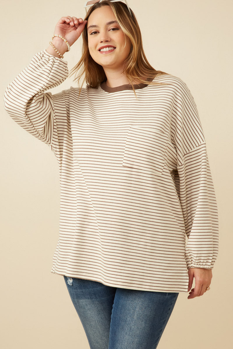 Soft Stripe Knit Contrast Banded Long Sleeve Tee