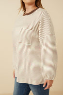 HY7404 Taupe Womens Soft Stripe Knit Contrast Banded Long Sleeve Tee Back