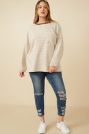 HY7404W Taupe Plus Soft Stripe Knit Contrast Banded Long Sleeve Tee Detail