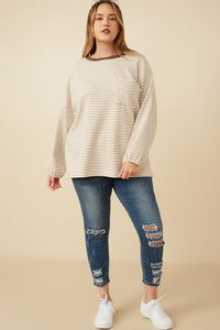 HY7404W Taupe Plus Soft Stripe Knit Contrast Banded Long Sleeve Tee Detail