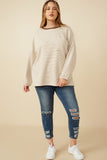HY7404W Taupe Plus Soft Stripe Knit Contrast Banded Long Sleeve Tee Detail