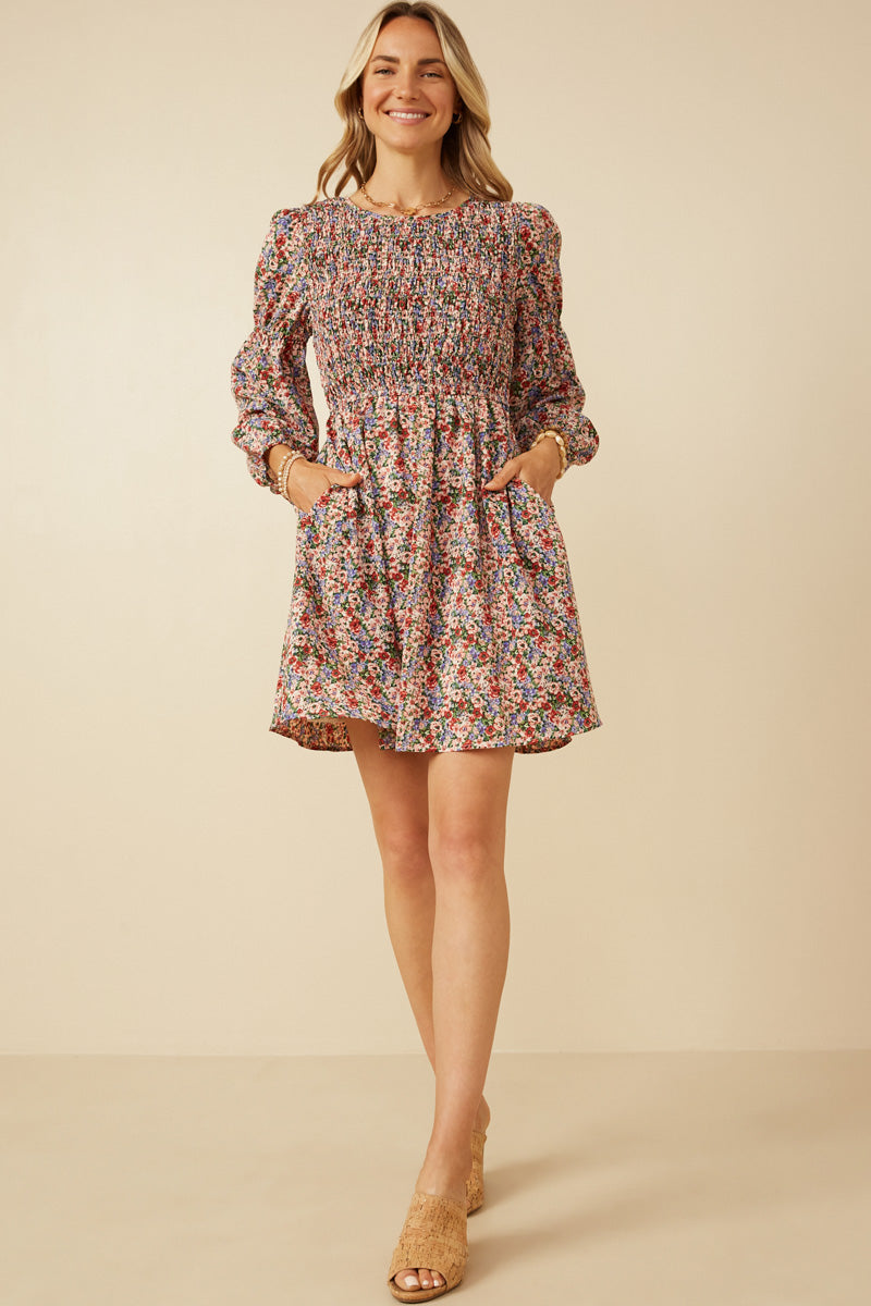 HY7411 Rust Mix Womens Smocked Bodice Peasant Sleeve Ditsy Floral Dress Gif