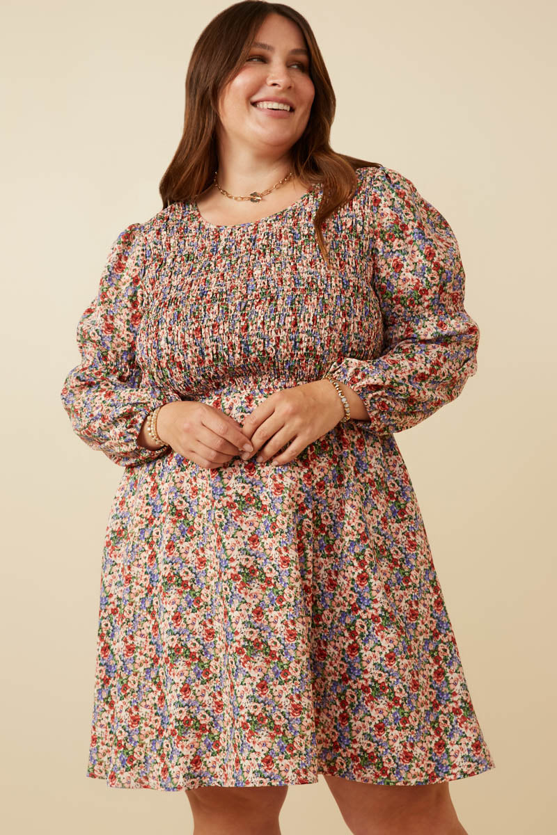 Smocked Bodice Peasant Sleeve Ditsy Floral Dress