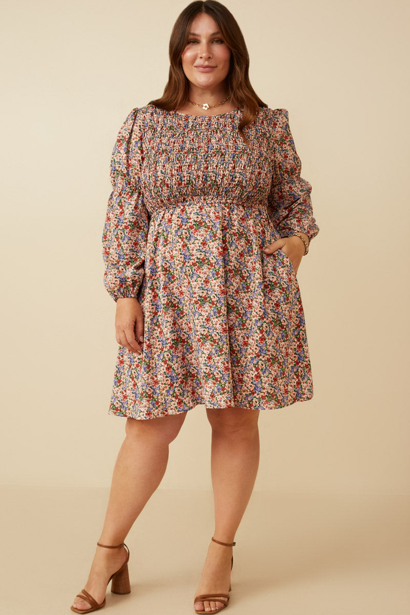 HY7411 Rust Mix Womens Smocked Bodice Peasant Sleeve Ditsy Floral Dress Side