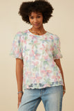 Sequined Floral Applique Bubble Sleeve Top