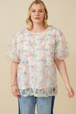 HY7415W Pink Mix Plus Sequined Floral Applique Bubble Sleeve Top Front
