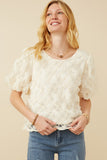 HY7416W Cream Womens Floral Applique Round Neck Top Front