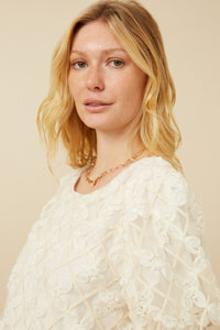 HY7416 Cream Womens Floral Applique Round Neck Top Gif